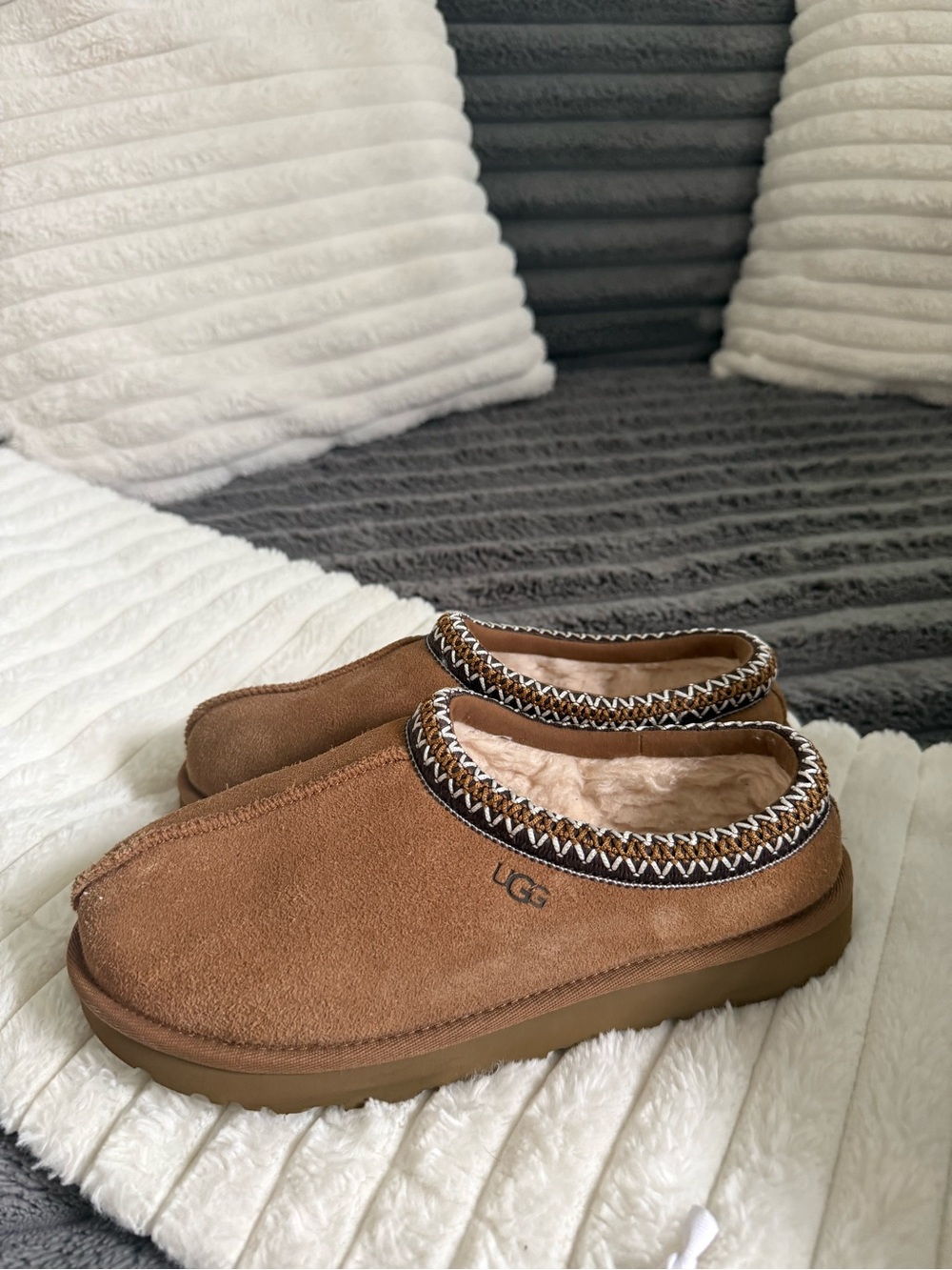 UGG Chestnut Suede Shearling-Lined Slip-On Clogs